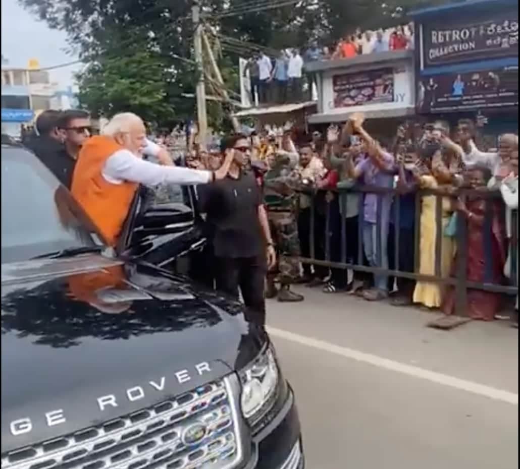 Prime Minister Narendra Modi holds a roadshow in Tumakuru (Karnataka)